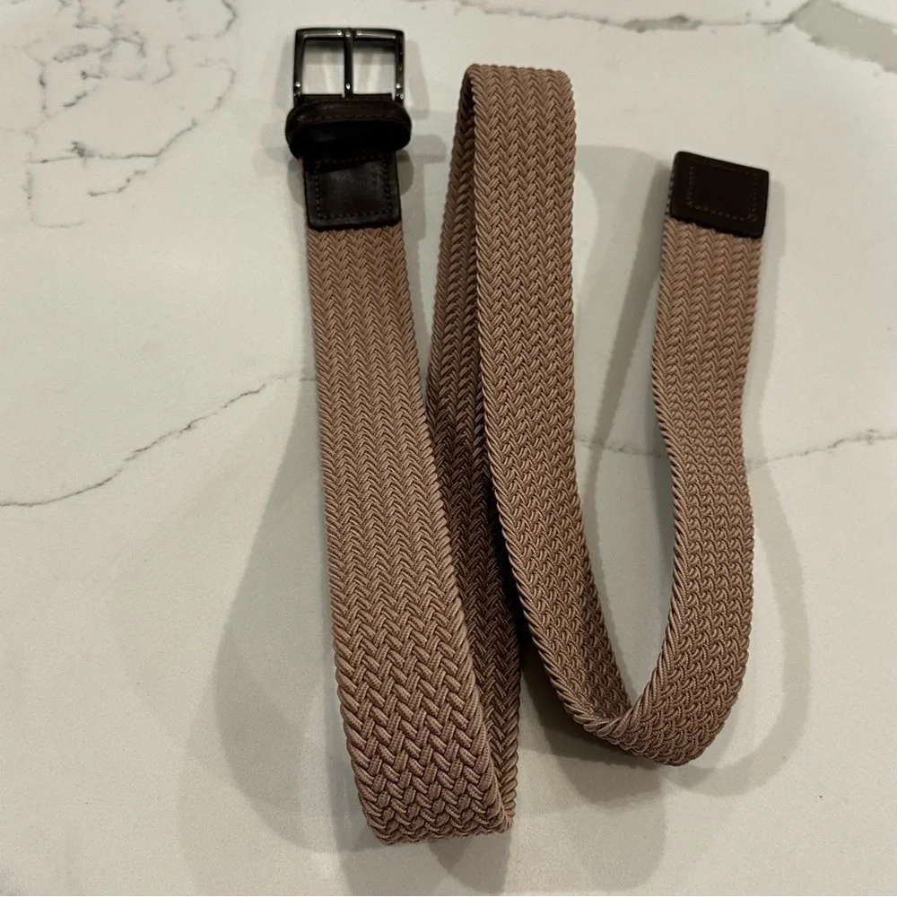 Men’s Beige Neutral Brown Woven Braided Leather Belt Classic Stretch Size 40